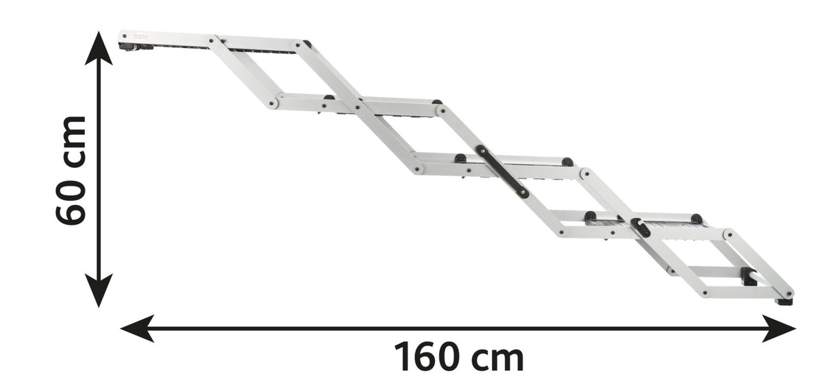 Eine weiße, ausziehbare Treppe in Zickzackform mit schwarzen Details, 60 cm hoch und 160 cm lang.