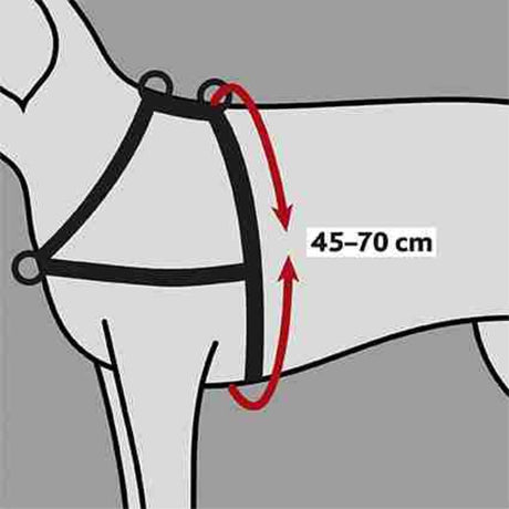 Hundegeschirr-Anleitung mit Maßangabe 45-70 cm in Rot, schwarzes Geschirr auf grauem Hundeschema.