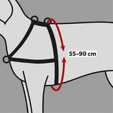 Grafik eines Hundegeschirrs, schwarz, mit roten Pfeilen zur Größenanpassung von 55-90 cm auf grauem Hintergrund.