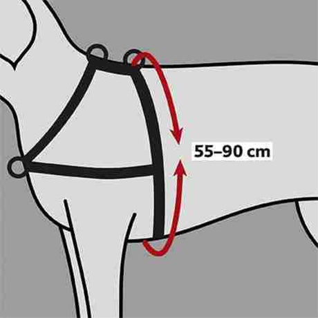 Grafik eines Hundegeschirrs, schwarz, mit roten Pfeilen zur Größenanpassung von 55-90 cm auf grauem Hintergrund.