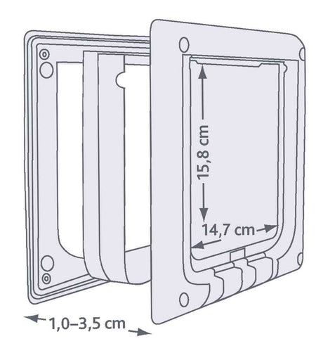 Schemazeichnung einer Türöffnung mit Abmessungen von 15,8 cm Höhe und 14,7 cm Breite, Dicke 1,0–3,5 cm.