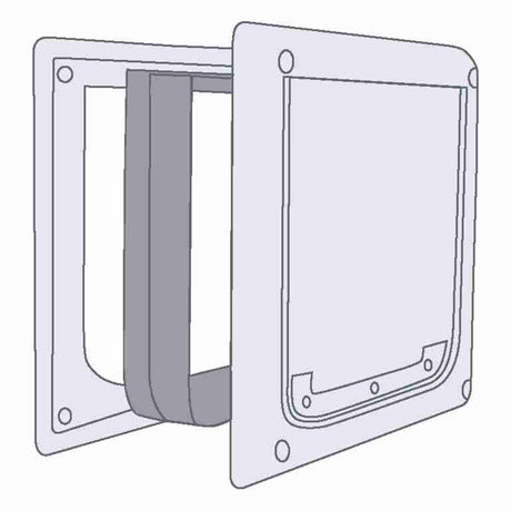Graue, rechteckige Klappe in 3D-Ansicht mit Rahmen und Schraubenlöchern an den Ecken.