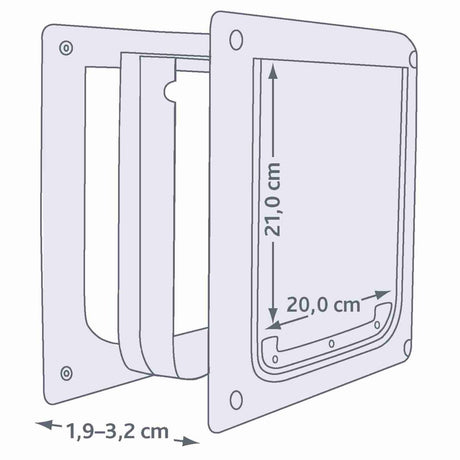 Abbildung einer rechteckigen Klappe mit den Maßen 21,0 cm Höhe, 20,0 cm Breite und variabler Tiefe von 1,9 bis 3,2 cm.