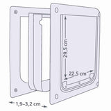 Schema einer Katzenklappe mit den Maßen 29,5 cm Höhe, 22,5 cm Breite und Einbautiefe 1,9-3,2 cm.