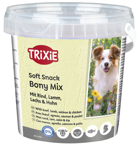 Trixie Hundesnack-Behälter mit Soft Snack Bony Mix und einem Bild eines Hundes auf der Verpackung.