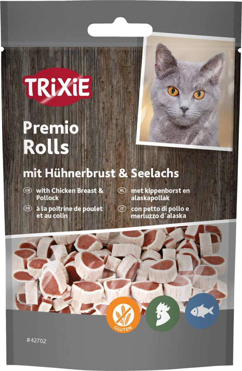Tütchen mit der Aufschrift "TRIXIE Premio Rolls mit Hühnerbrust &amp; Seelachs", darauf Bild einer grauen Katze.