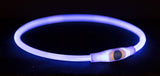Leuchtendes blaues Halsband mit rundem Design auf schwarzem Hintergrund.