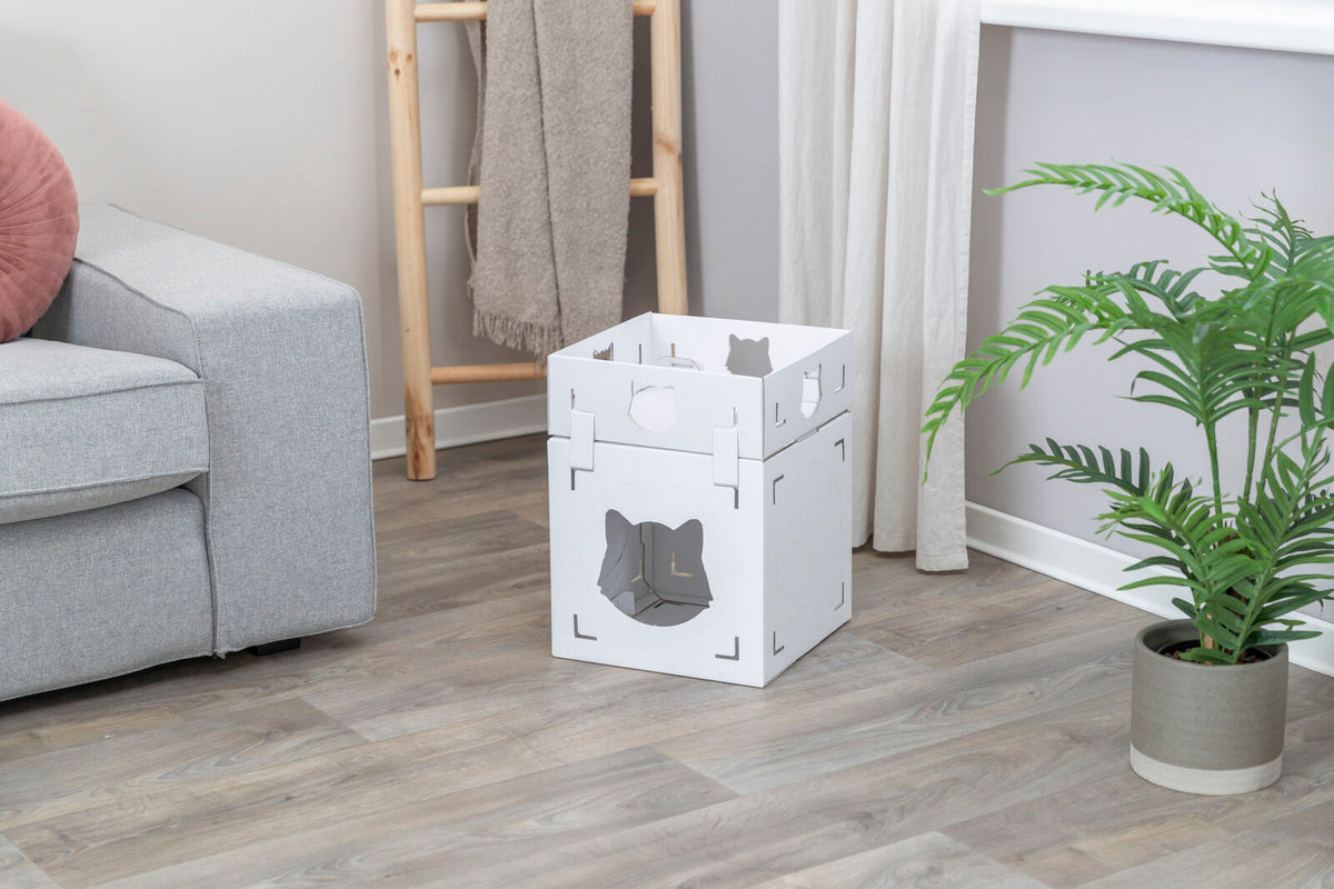 Weiße, würfelförmige Box mit ausgeschnittenem Katzenmotiv steht auf Holzboden neben grauem Sofa und Pflanze.