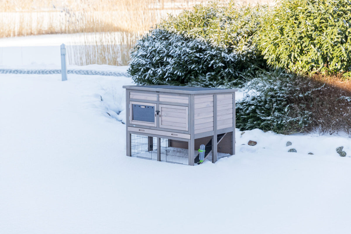 Ein grauer, hölzerner Außenstall mit Drahtgehege auf Schnee. Im Hintergrund grüne Büsche und Gräser.