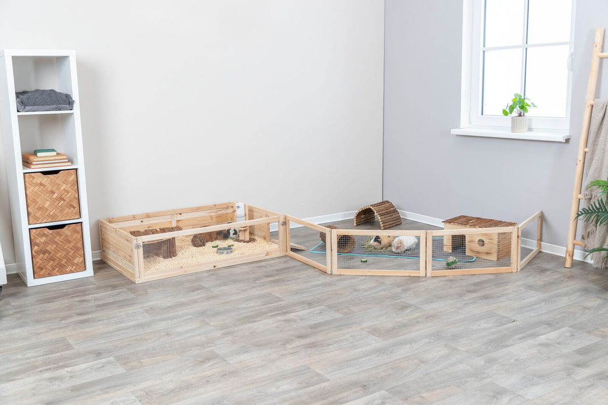 Holzgehege mit Käfig und Tunnel auf Laminatboden neben einem weißen Regal, im Gehege sind zwei Meerschweinchen.
