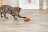 Getigerte Katze auf Holzboden spielt mit einem orangefarbenen, pelzigen Spielzeug.