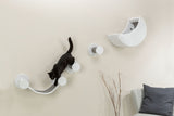 Schwarze Katze bewegt sich über weiße Wandplattformen, daneben ein grau gepolsterter Stuhl und eine Vase mit Zweigen.
