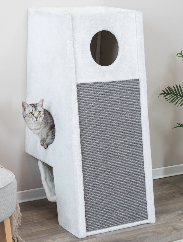 Eine grau-weiße Katze sitzt in einem weißen Kratzbaum mit rundem Ausschnitt und grauer Kratzfläche.