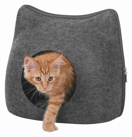 Eine rot getigerte Katze schaut aus einer grauen Tasche mit kreisförmigem Fenster und Reißverschluss.