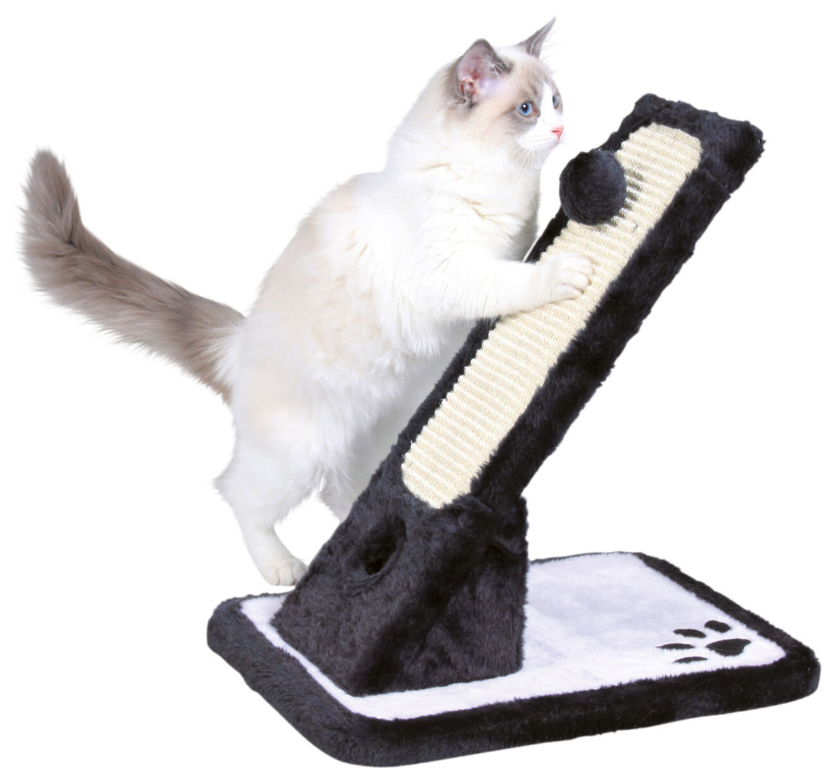 Eine weiße Katze benutzt eine schwarze und beige Kratzstation mit geneigter Fläche und Pfotenmuster auf der Basis.