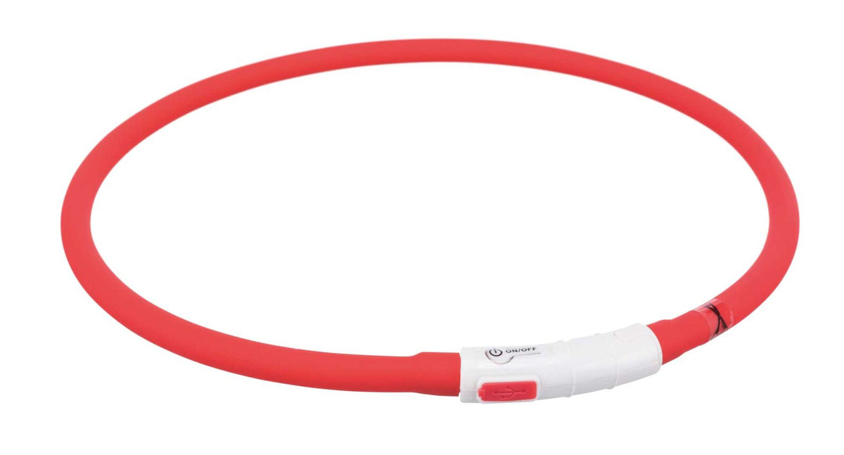 Roter Ring mit weißem Verschluss, der einen An-/Aus-Schalter und eine USB-Buchse enthält.