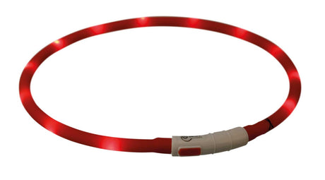 Leuchtendes rotes Band in Kreisform mit weißem Kunststoffverschluss und sichtbaren Lichtpunkten.