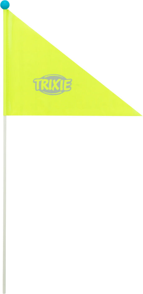 Gelbe dreieckige Fahne mit "TRIXIE" Schriftzug, auf weißem Stab mit blauer Kugel oben.