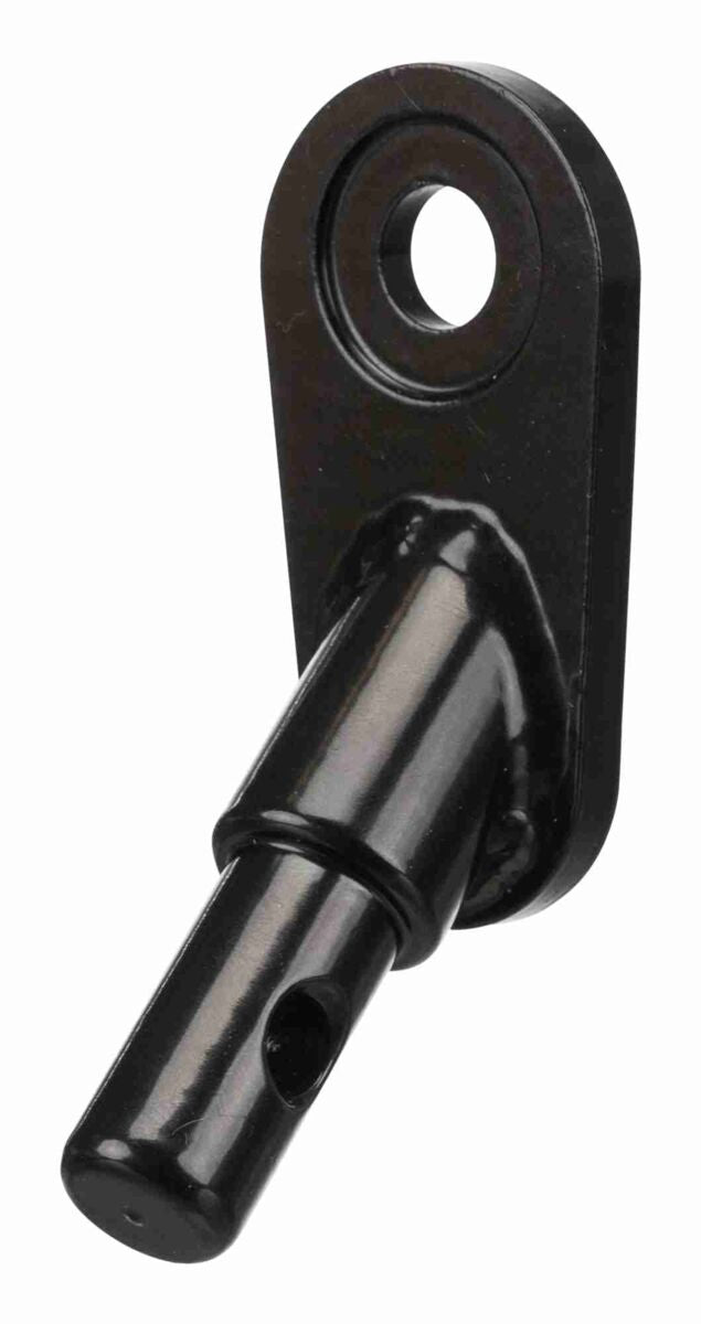 Schwarzes Metallteil mit zylindrischem Stift und Befestigungsloch, glänzend und glatt verarbeitet.