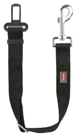 Schwarzer Sicherheitsgurtadapter für Hunde mit Metallhaken und Kunststoff-Steckschnalle, Textilband mit Markenlogo.