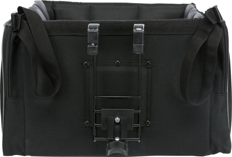 Schwarze Fahrradtasche mit Griffen und Befestigungshaken, quadratische Form, befestigt an einem Metallrahmen.