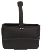 Schwarze Tasche mit rechteckiger Form, stabilem Griff oben und dekorativen Nähten an der unteren Hälfte.
