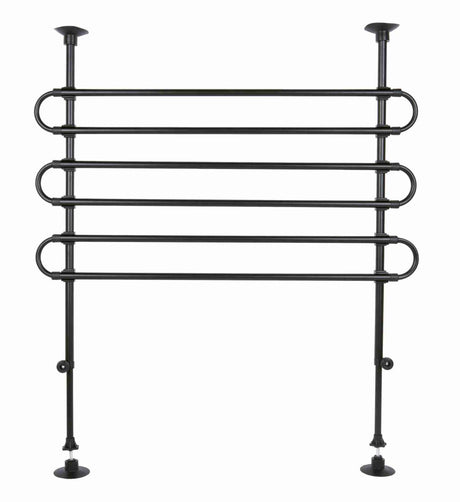 Schwarzes Metallgitter mit vier horizontalen Stangen, zwei vertikale Stützen mit runden Füßen.
