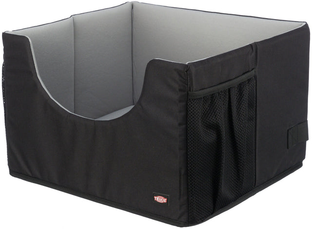 Schwarze, rechteckige Box mit grauem Innenfutter und Netzseitentasche, geeignet als Autozubehör.