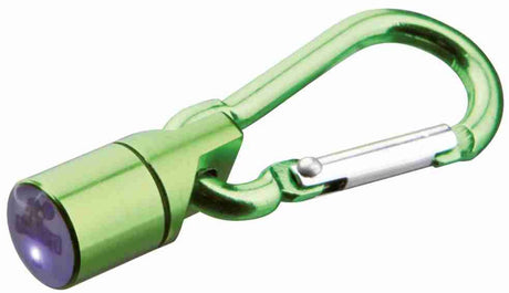 Grüner Karabinerhaken mit integriertem, leuchtendem LED-Licht an der Spitze, metallisch glänzend.