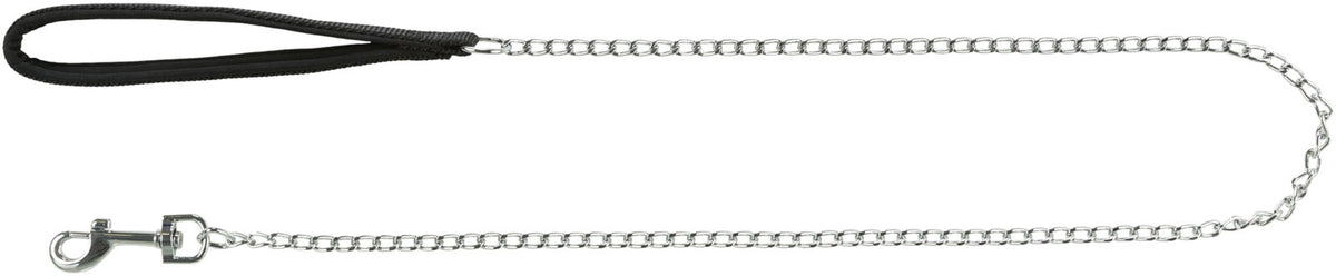 Silberne Metallkette mit schwarzem Griff, geeignet als Hundeleine, zeigt Karabinerhaken aus Metall.
