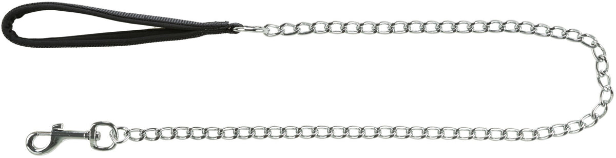 Hundeleine mit schwarzem Griff und silberner Kette, an einem Ende ein Karabinerhaken.