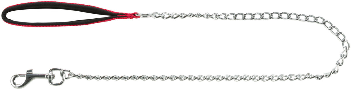 Metallkette mit silbernem Karabinerhaken und rotem, gepolstertem Griff.