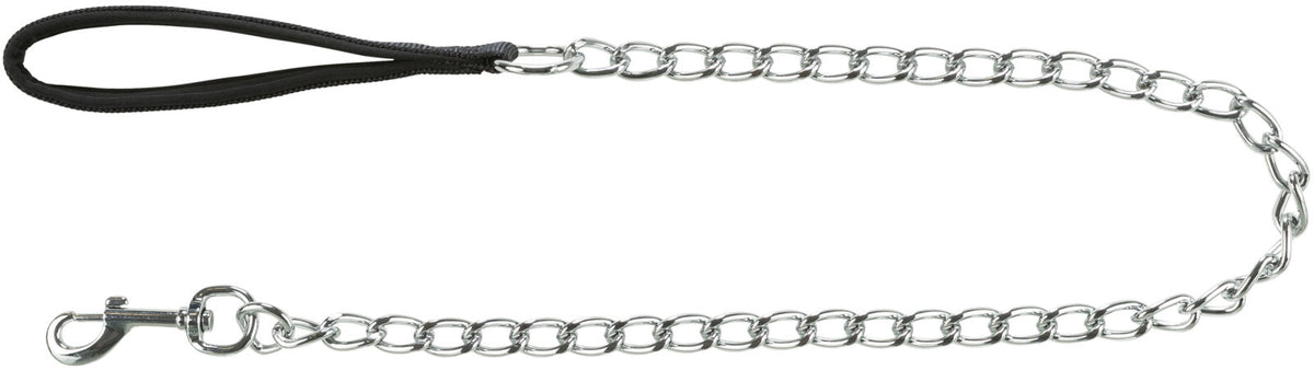 Metallkette mit schwarzem Griff und Karabinerhaken, silberne Glieder in mittelgroßer Größe sichtbar.