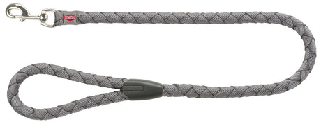 Geflochtene graue Hundeleine mit silbernem Karabiner und schwarzer Verstärkung, Text "TRIXIE" auf Etikett sichtbar.