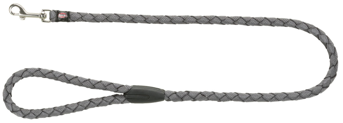 Graue, geflochtene Hundeleine mit gleitender Schlaufe und Metallverschluss, Markenname "Trixie" sichtbar.