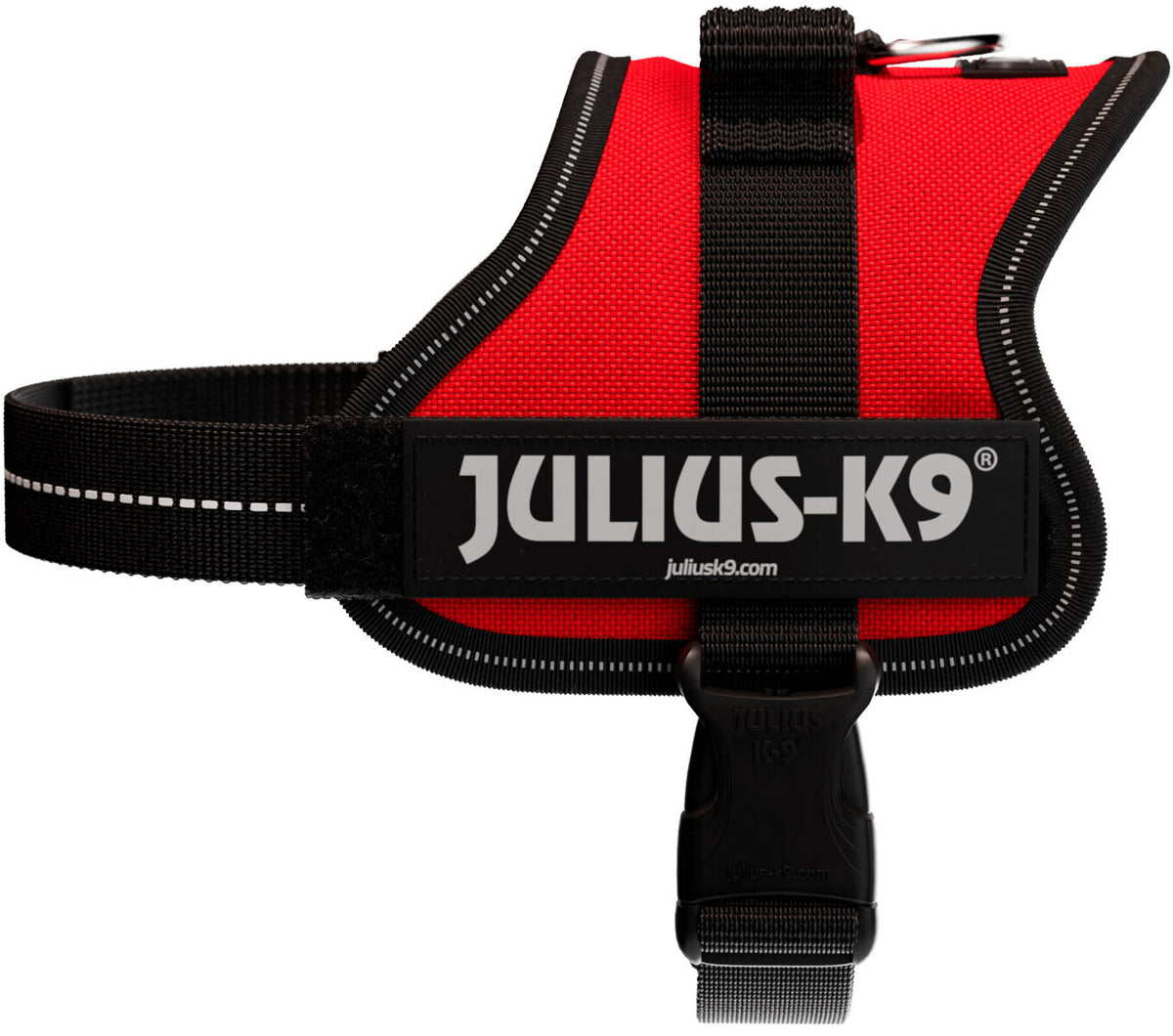 Rotes Hundegeschirr mit schwarzem Rand und Klettverschluss, darauf der Text "JULIUS-K9".