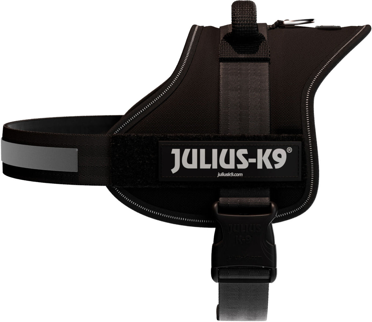 Schwarzes Hundegeschirr mit reflektierendem Streifen und Klettverschluss mit dem Logo "Julius-K9".