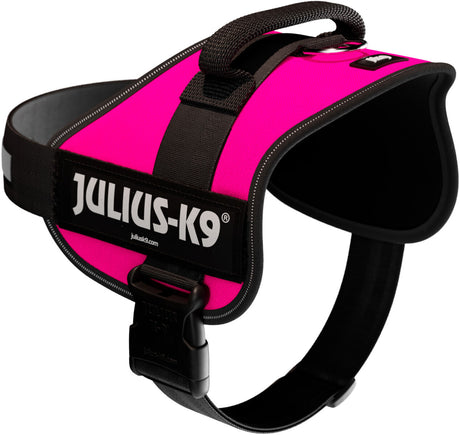Pinkes Hundegeschirr mit schwarzem Rand und Griff, Text "JULIUS-K9" seitlich sichtbar.