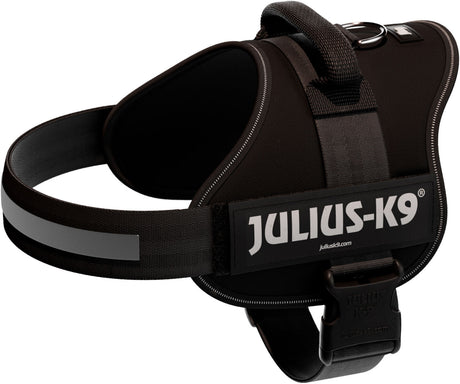 Schwarzes Hundegeschirr mit reflektierendem Streifen und sichtbarem „Julius-K9“-Logo auf der Seite.