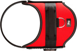 Rotes Hundegeschirr mit schwarzem Rand und Tragegriff, metallischer D-Ring, Logo "K9" sichtbar.