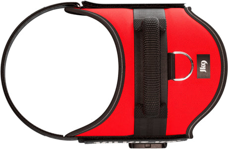 Rotes Hundegeschirr mit schwarzem Rand und Tragegriff, metallischer D-Ring, Logo "K9" sichtbar.
