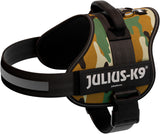 Hundegeschirr mit Camouflage-Muster und schwarzem Riemen, Text "Julius-K9" auf dem Etikett sichtbar.