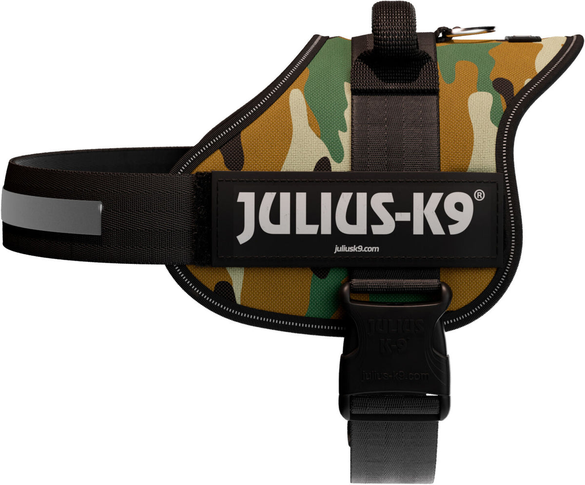 Camouflage-musterndes Hundegeschirr mit schwarzem Rand und großem Logo "JULIUS-K9" darauf.