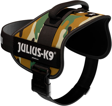 Hundegeschirr mit Camouflage-Muster und dem Schriftzug "Julius-K9" auf der Seite, schwarze Schnalle und Griff.