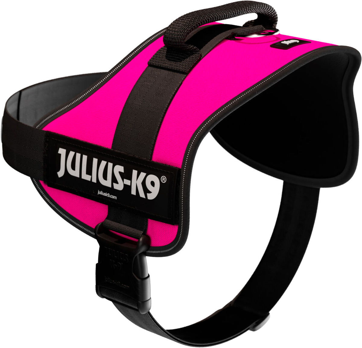 Hundegeschirr in leuchtendem Pink mit schwarzem Rand und einem Aufnäher mit der Aufschrift "Julius-K9".