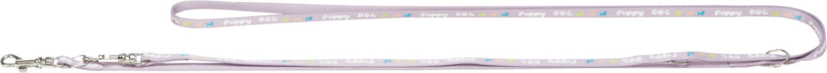 Lila Hundeleine mit Aufschrift "Puppy Dog" und bunten Hundemotiven, Metallschließe und Schlaufe am Ende.