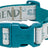 Türkises Hundehalsband mit Klickverschluss und Text "FRIEND" auf weißem Hintergrund, gestickte Details.