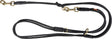 Schwarze Hundeleine mit goldfarbenen Karabinerhaken und Ringen, mehrfache Knoten und Schlaufen erkennbar.