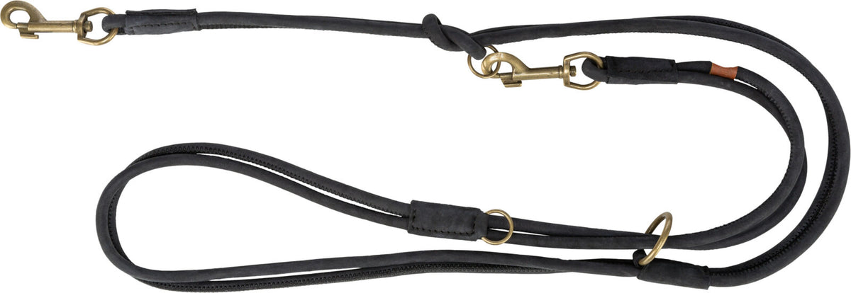 Schwarze Hundeleine mit goldfarbenen Karabinerhaken und Ringen, mehrfache Knoten und Schlaufen erkennbar.