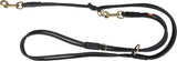 Schwarze Hundeleine mit goldfarbenen Karabinerhaken und Ringen, mehrfache Knoten und Schlaufen erkennbar.